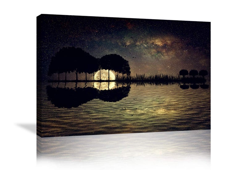 Urttiiyy Abstract Guitar Trees Arranged in a Shape of a Guitar on a Starry Sky Background in a Full Moon Night Guitar Canvas Wall Art Modern Home Music Decor Framed Ready to Hang - Image 1